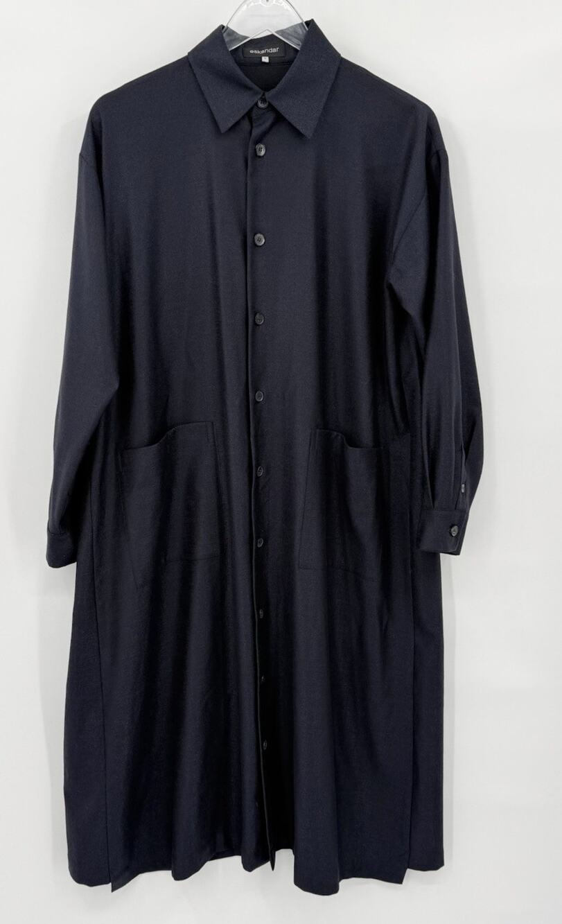 Eskandar Wool Silk Midi Shirtdress Button Up Lagenlook Minimal Size 0 (US 6-8)
